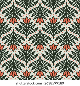 Geometric Pattern - Hand-Drawn Flowers (Soft Green, Dark Green, Orange) - Repeating Vector Image; Easily Editable; Endless Design; Colorful lIlustration. Print for Gift Paper, Packaging, etc.