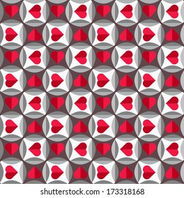 Geometric pattern with hearts in red and grey colors, seamless vector background for valentine's day