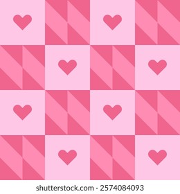 Geometric pattern with hearts in squares in pink shades. Seamless vector background with modular rectangles in retro style