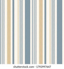 Geometric pattern. Herringbone stripes in blue and gold for dress, shorts, trousers, wallpaper, or other modern textile print. Vertical textured lines seamless background.