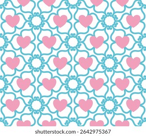 Geometric Pattern - Hexagon and Heart (Soft Blue, Soft Pink, White) - Repeating Vector Image; Easily Editable; Endless Design; Colorful lIlustration. Print for Gift Paper, Packaging, etc.