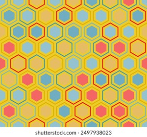 Geometric pattern. Hexagon mosaic background with inner solid cells. Hexagonal cells. Multiple tones color palette. Seamless pattern. Tileable vector illustration.
