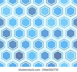 Geometric pattern. Hexagon mosaic cells with padding and inner solid cells. Blue color tones. Large hexagon shapes. Tileable pattern. Seamless vector illustration.