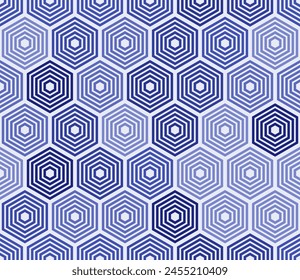 Geometric pattern. Hexagon stacked mosaic background. Indigo color tones. Large hexagon shapes. Seamless pattern. Tileable vector illustration.