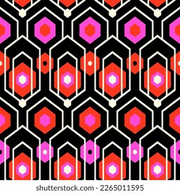 geometric pattern with hexagons and chevrons in retro mid century style in bright colors. Vector seamless pattern