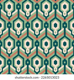 geometric pattern with hexagons and chevrons in retro mid century style in green brown organic colors. Vector seamless pattern