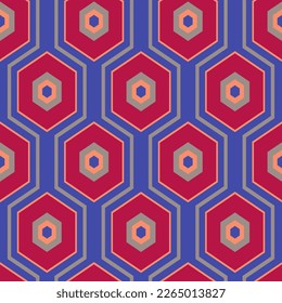 geometric pattern with hexagons and chevrons in retro mid century style in bright red blue colors. Vector seamless pattern