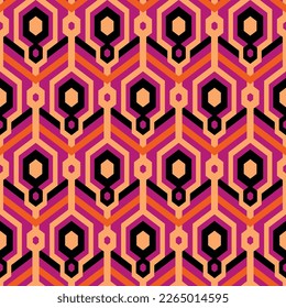 geometric pattern with hexagons and chevrons in retro mid century style in bright red pink orange colors. Vector seamless pattern