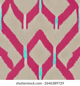 Geometrisch patroon met hete roze en turquoise accenten op een beige achtergrond, grunge lijnen ikat patroon, ikat naadloos patroon, Vector illustratie achtergrond voor het afdrukken van het papier. 