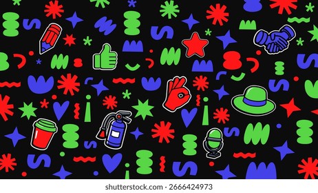 Padrão geométrico colorido com ícones - Design de fundo contínuo de arte pop moderno para gráficos digitais, impressões e têxteis