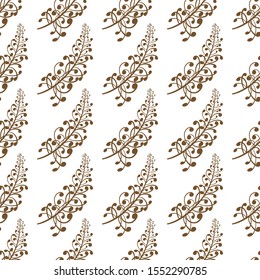 Geometric pattern with 
inflorescences on a white background. Seamless vector background. Gold contours ornament. Flower. For fabric, packaging, textile. Template for web sites. Vector illustration.