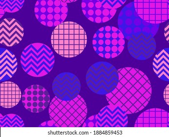 Geometric pattern inside circles seamless pattern in the style of the 80s. Geometric shapes. Retro fashion background for wrapping paper, print, fabric and printing. Vector illustration
