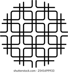 A geometric pattern of interconnected black lines forms a repeating grid of rounded corners and square spaces within a circular boundary. 