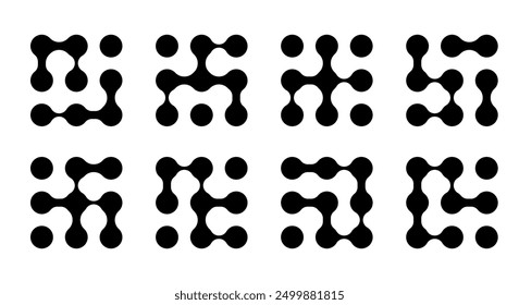 Geometric pattern of interconnected blobs and dots, resembling metaballs. The fluid shapes morph seamlessly, evoking neuron networks and a Y2K aesthetic, medical and scientific theme.