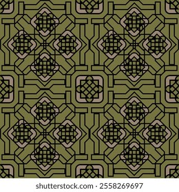 Geometric pattern with interlocking shapes, intricate design, olive green and beige colors, symmetrical layout, modern and traditional fusion, decorative element, suitable for wallpapers, textiles