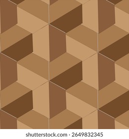 Geometric pattern of interlocking, three-dimensional hexagonal shapes in light and dark brown tones.