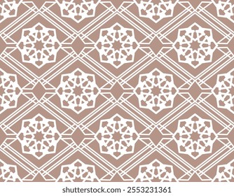 Geometric pattern, intricate design, symmetrical shapes, brown and white color scheme, modern aesthetic, repetitive motif, decorative element, stylish background, artistic texture, contemporary look