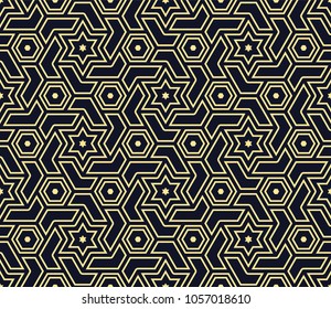 Geometric Pattern in Islamic Style. Traditional seamless background in blue and gold. Vector illustration.