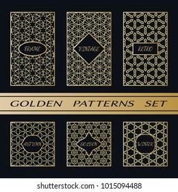 Geometric pattern with label, gold on black background. Golden, vintage, retro, autumn, winter, frame sign. Decorative abstract design, east motif, elegant line luxury foil. Openwork lace fashion set