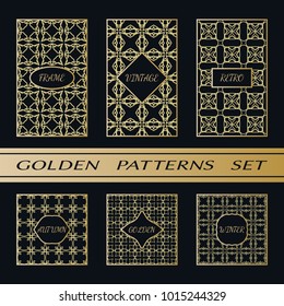 Geometric pattern with label, gold on black background. Golden, vintage, retro, autumn, winter, frame sign. Decorative abstract design, east motif, elegant line luxury foil. Openwork lace fashion set