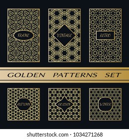 Geometric pattern with label, gold on black background. Golden, vintage, retro, autumn, winter, frame sign. Decorative abstract design, east motif, elegant line luxury foil. Openwork lace fashion set