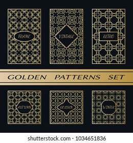 Geometric pattern with label, gold on black background. Golden, vintage, retro, autumn, winter, frame sign. Decorative abstract design, east motif, elegant line luxury foil. Openwork lace fashion set
