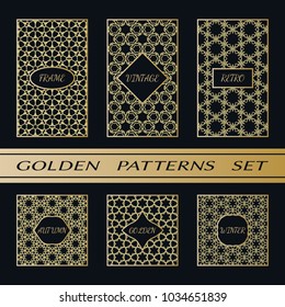 Geometric pattern with label, gold on black background. Golden, vintage, retro, autumn, winter, frame sign. Decorative abstract design, east motif, elegant line luxury foil. Openwork lace fashion set