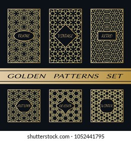 Geometric pattern with label, gold on black background. Golden, vintage, retro, autumn, winter, frame sign. Decorative abstract design, east motif, elegant line luxury foil. Openwork lace fashion set