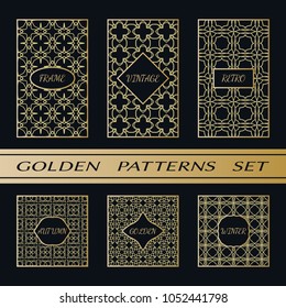 Geometric pattern with label, gold on black background. Golden, vintage, retro, autumn, winter, frame sign. Decorative abstract design, east motif, elegant line luxury foil. Openwork lace fashion set