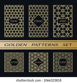 Geometric pattern with label, gold on black background. Golden, vintage, retro, autumn, winter, frame sign. Decorative abstract design, east motif, elegant line luxury foil. Openwork lace fashion set