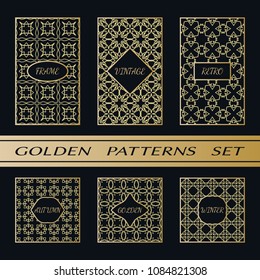 Geometric pattern with label, gold on black background. Golden, vintage, retro, autumn, winter, frame sign. Decorative abstract design, east motif, elegant line luxury foil. Openwork lace fashion set