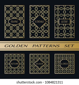 Geometric pattern with label, gold on black background. Golden, vintage, retro, autumn, winter, frame sign. Decorative abstract design, east motif, elegant line luxury foil. Openwork lace fashion set