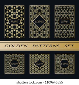 Geometric pattern with label, gold on black background. Golden, vintage, retro, autumn, winter, frame sign. Decorative abstract design, east motif, elegant line luxury foil. Openwork lace fashion set