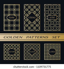 Geometric pattern with label, gold on black background. Golden, vintage, retro, autumn, winter, frame sign. Decorative abstract design, east motif, elegant line luxury foil. Openwork lace fashion set