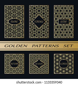 Geometric pattern with label, gold on black background. Golden, vintage, retro, autumn, winter, frame sign. Decorative abstract design, east motif, elegant line luxury foil. Openwork lace fashion set