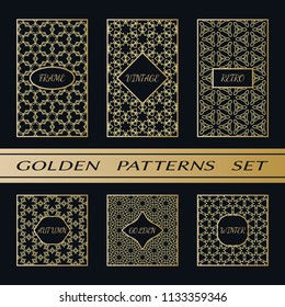Geometric pattern with label, gold on black background. Golden, vintage, retro, autumn, winter, frame sign. Decorative abstract design, east motif, elegant line luxury foil. Openwork lace fashion set