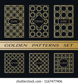 Geometric pattern with label, gold on black background. Golden, vintage, retro, autumn, winter, frame sign. Decorative abstract design, east motif, elegant line luxury foil. Openwork lace fashion set
