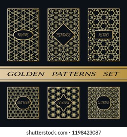 Geometric pattern with label, gold on black background. Golden, vintage, retro, autumn, winter, frame sign. Decorative abstract design, east motif, elegant line luxury foil. Openwork lace fashion set