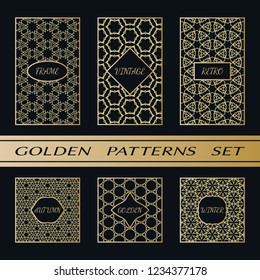 Geometric pattern with label, gold on black background. Golden, vintage, retro, autumn, winter, frame sign. Decorative abstract design, east motif, elegant line luxury foil. Openwork lace fashion set