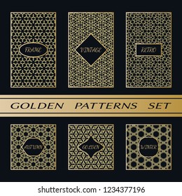 Geometric pattern with label, gold on black background. Golden, vintage, retro, autumn, winter, frame sign. Decorative abstract design, east motif, elegant line luxury foil. Openwork lace fashion set