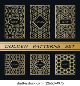 Geometric pattern with label, gold on black background. Golden, vintage, retro, autumn, winter, frame sign. Decorative abstract design, east motif, elegant line luxury foil. Openwork lace fashion set