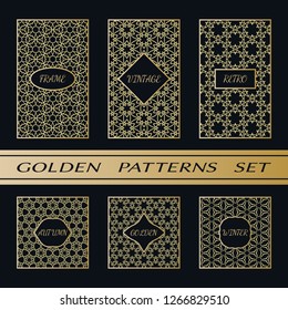 Geometric pattern with label, gold on black background. Golden, vintage, retro, autumn, winter, frame sign. Decorative abstract design, east motif, elegant line luxury foil. Openwork lace fashion set