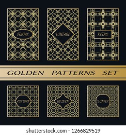 Geometric pattern with label, gold on black background. Golden, vintage, retro, autumn, winter, frame sign. Decorative abstract design, east motif, elegant line luxury foil. Openwork lace fashion set