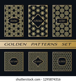 Geometric pattern with label, gold on black background. Golden, vintage, retro, autumn, winter, frame sign. Decorative abstract design, east motif, elegant line luxury foil. Openwork lace fashion set