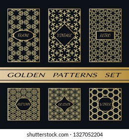Geometric pattern with label, gold on black background. Golden, vintage, retro, autumn, winter, frame sign. Decorative abstract design, east motif, elegant line luxury foil. Openwork lace fashion set