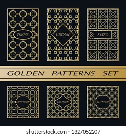 Geometric pattern with label, gold on black background. Golden, vintage, retro, autumn, winter, frame sign. Decorative abstract design, east motif, elegant line luxury foil. Openwork lace fashion set
