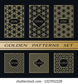 Geometric pattern with label, gold on black background. Golden, vintage, retro, autumn, winter, frame sign. Decorative abstract design, east motif, elegant line luxury foil. Openwork lace fashion set
