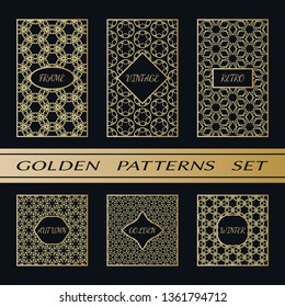 Geometric pattern with label, gold on black background. Golden, vintage, retro, autumn, winter, frame sign. Decorative abstract design, east motif, elegant line luxury foil. Openwork lace fashion set
