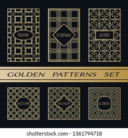 Geometric pattern with label, gold on black background. Golden, vintage, retro, autumn, winter, frame sign. Decorative abstract design, east motif, elegant line luxury foil. Openwork lace fashion set