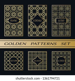 Geometric pattern with label, gold on black background. Golden, vintage, retro, autumn, winter, frame sign. Decorative abstract design, east motif, elegant line luxury foil. Openwork lace fashion set